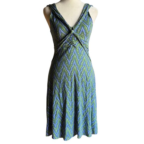Y2K Vintage FREE PEOPLE | Blue and Green V Neck Fit and Flare Dress Extra Small - Picture 1 of 6